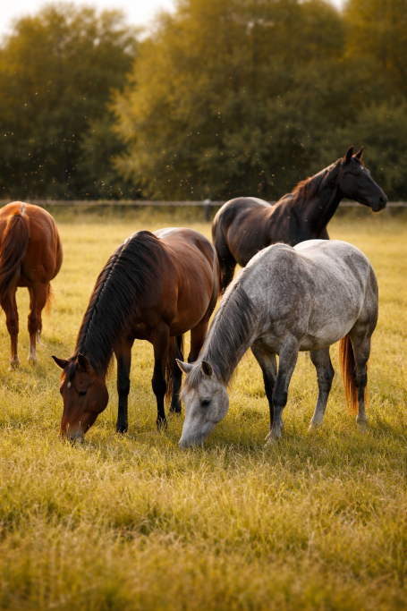 Paarden in wei met vliegen
